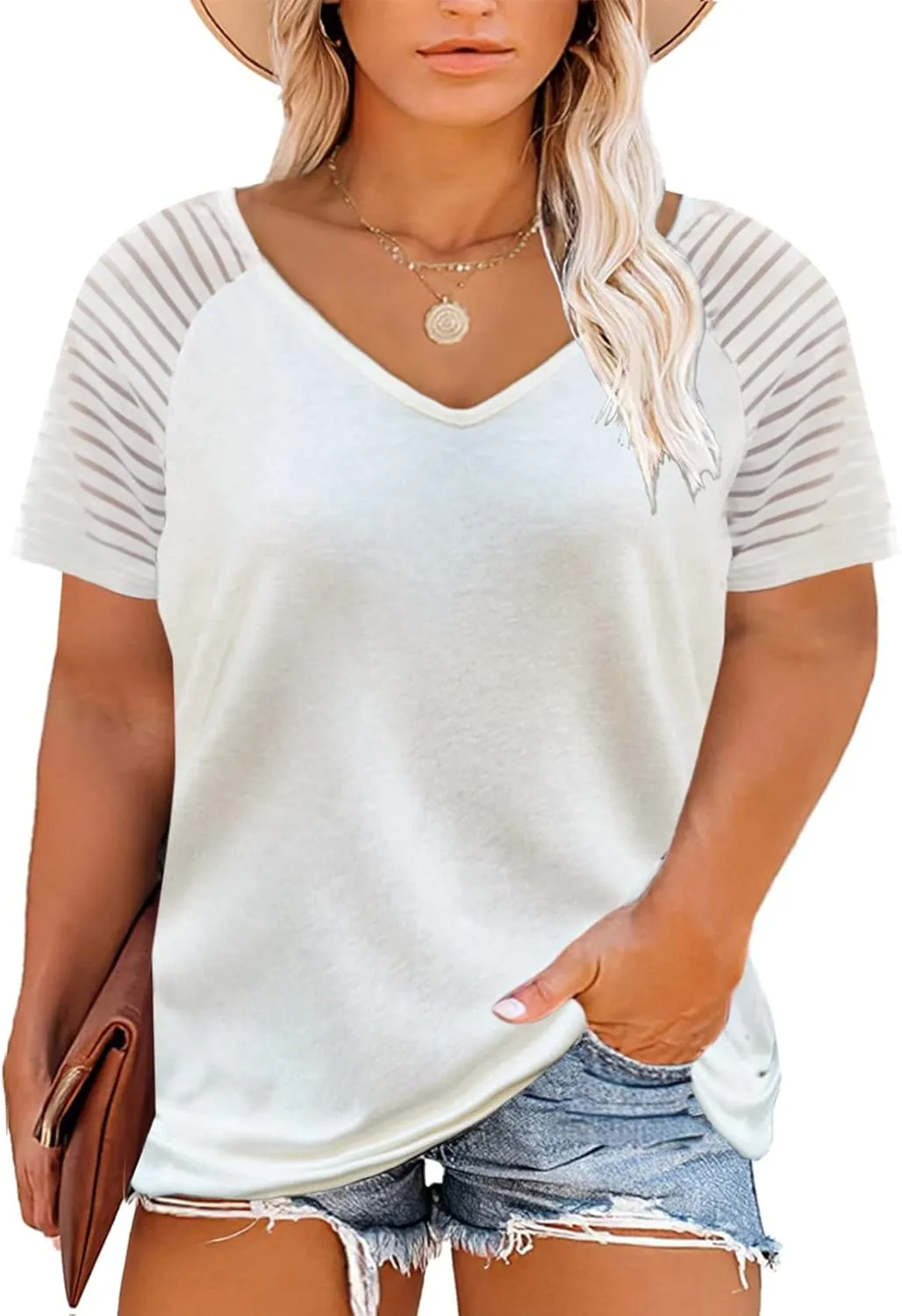Eytino Women Plus Size Tops Casual Solid Short Sleeve V Neck Striped Mesh Patchwork Loose Blouse Shirts(1X-5X)