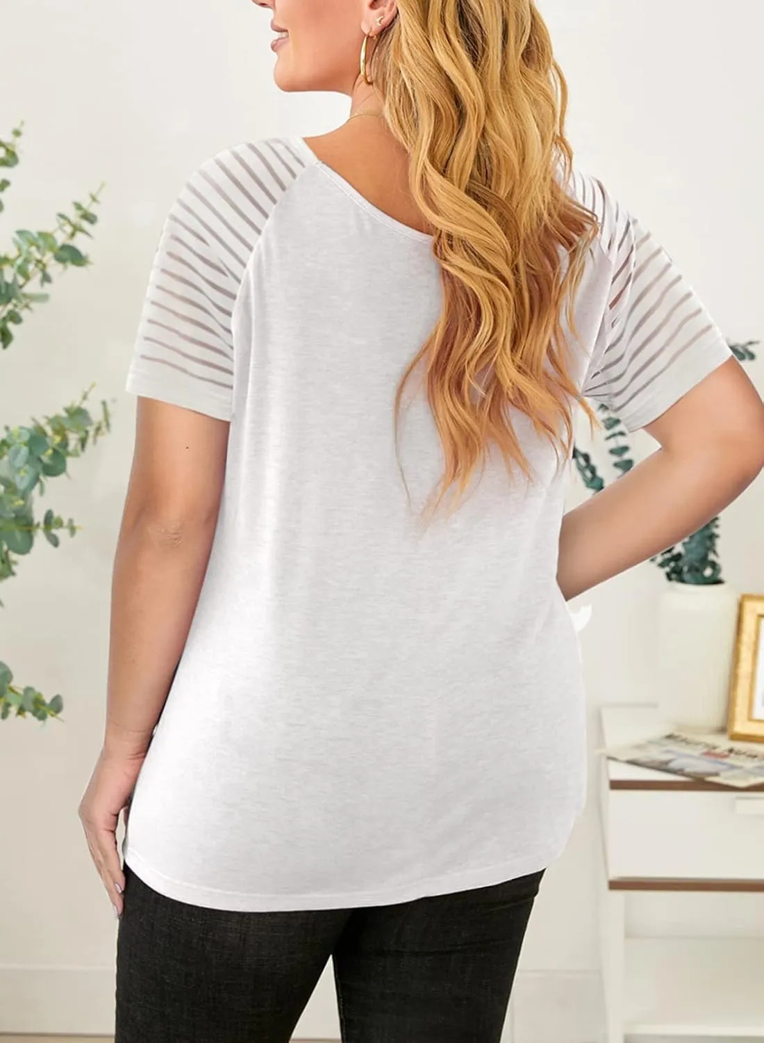 Eytino Women Plus Size Tops Casual Solid Short Sleeve V Neck Striped Mesh Patchwork Loose Blouse Shirts(1X-5X)