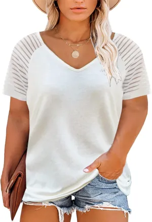 Eytino Women Plus Size Tops Casual Solid Short Sleeve V Neck Striped Mesh Patchwork Loose Blouse Shirts(1X-5X)