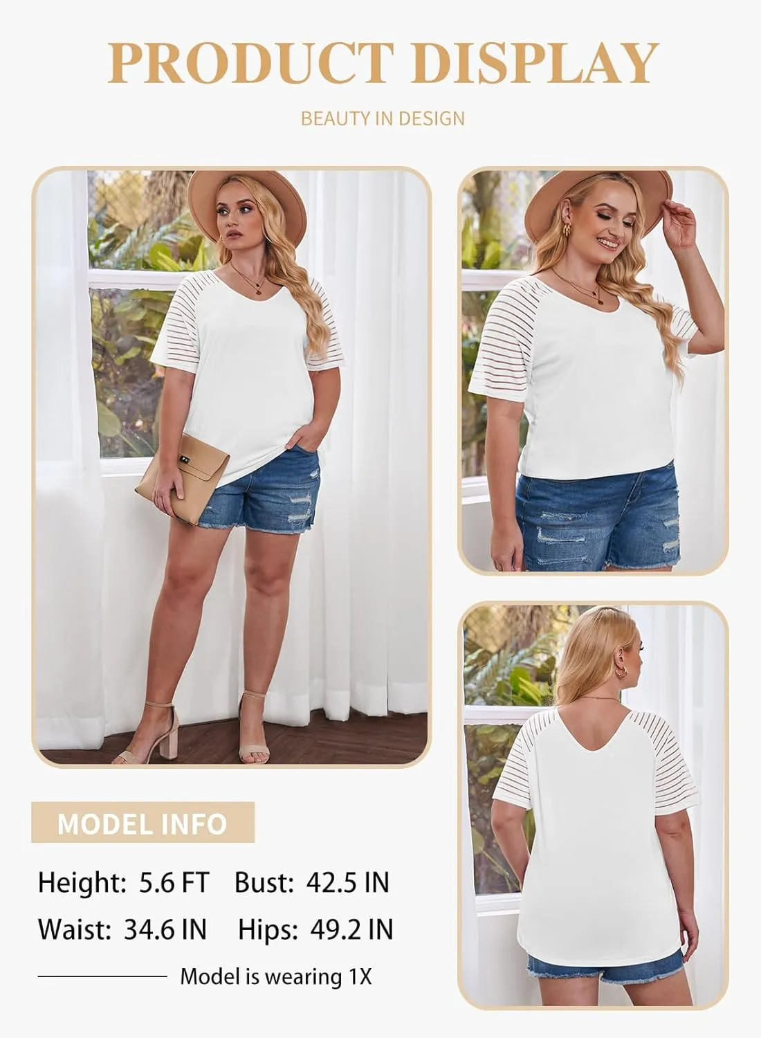 Eytino Women Plus Size Tops Casual Solid Short Sleeve V Neck Striped Mesh Patchwork Loose Blouse Shirts(1X-5X)