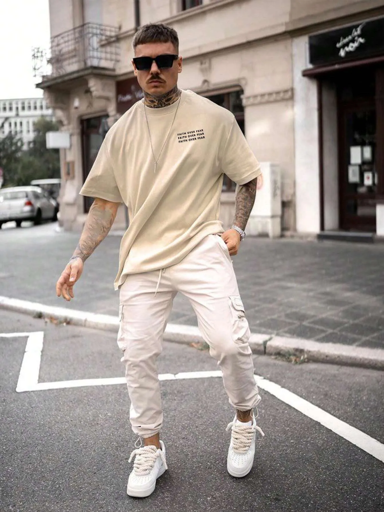 Faith Over Fear - Beige - Gym Oversized T Shirt