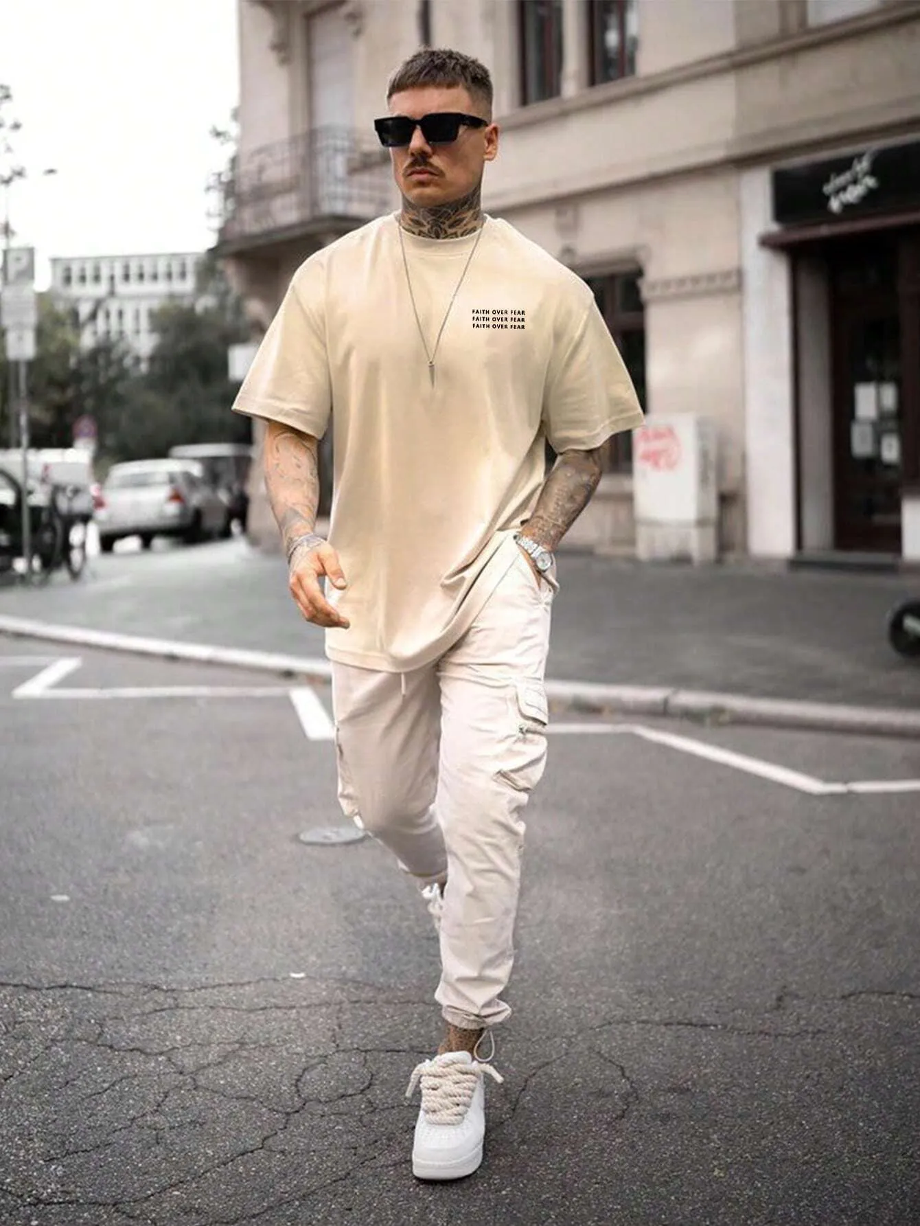 Faith Over Fear - Beige - Gym Oversized T Shirt