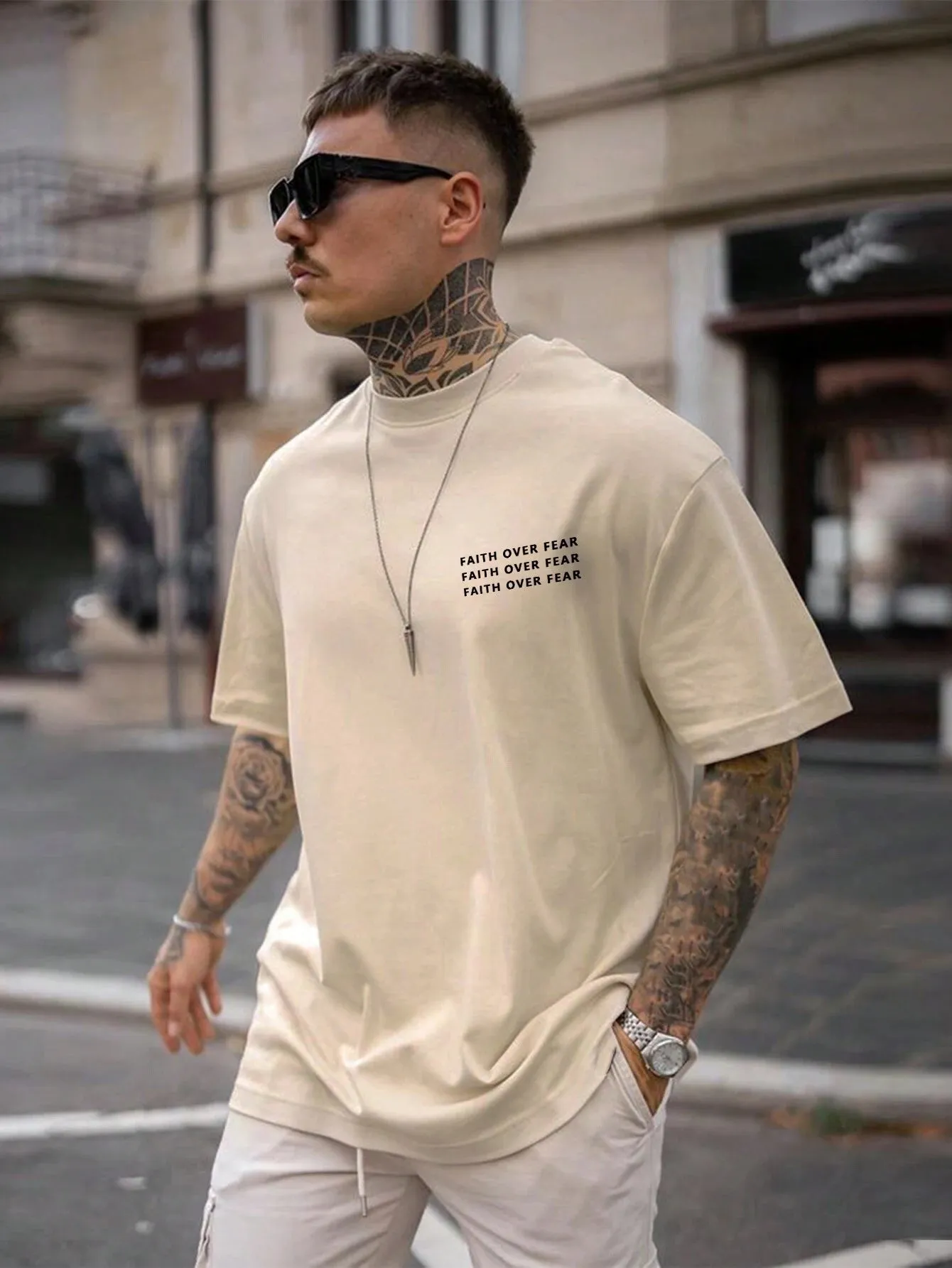 Faith Over Fear - Beige - Gym Oversized T Shirt