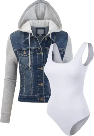 FashionMille Women Vintage Denim Trucker Jacket W/Long Fleece Sleeve
