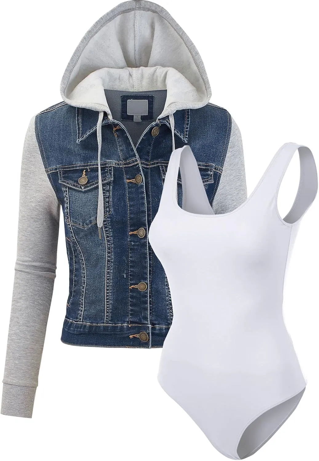 FashionMille Women Vintage Denim Trucker Jacket W/Long Fleece Sleeve