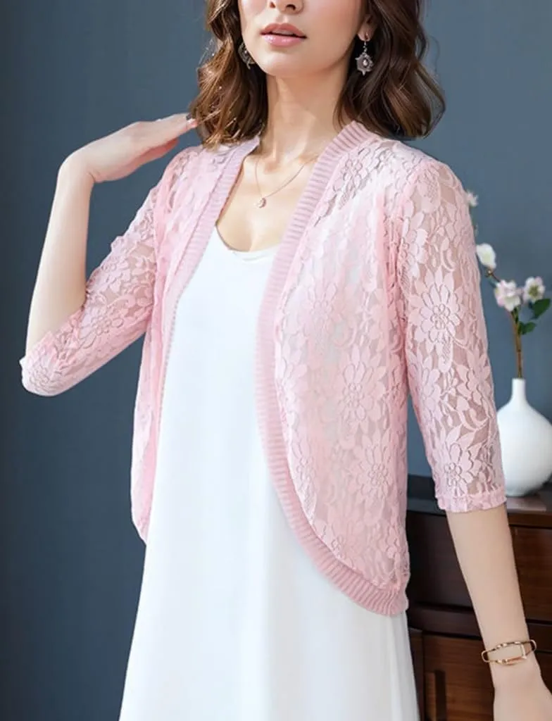 FindThy Women's Floral Lace Shrug Cardigan 3/4 Sleeve Crochet Bolero Jacket