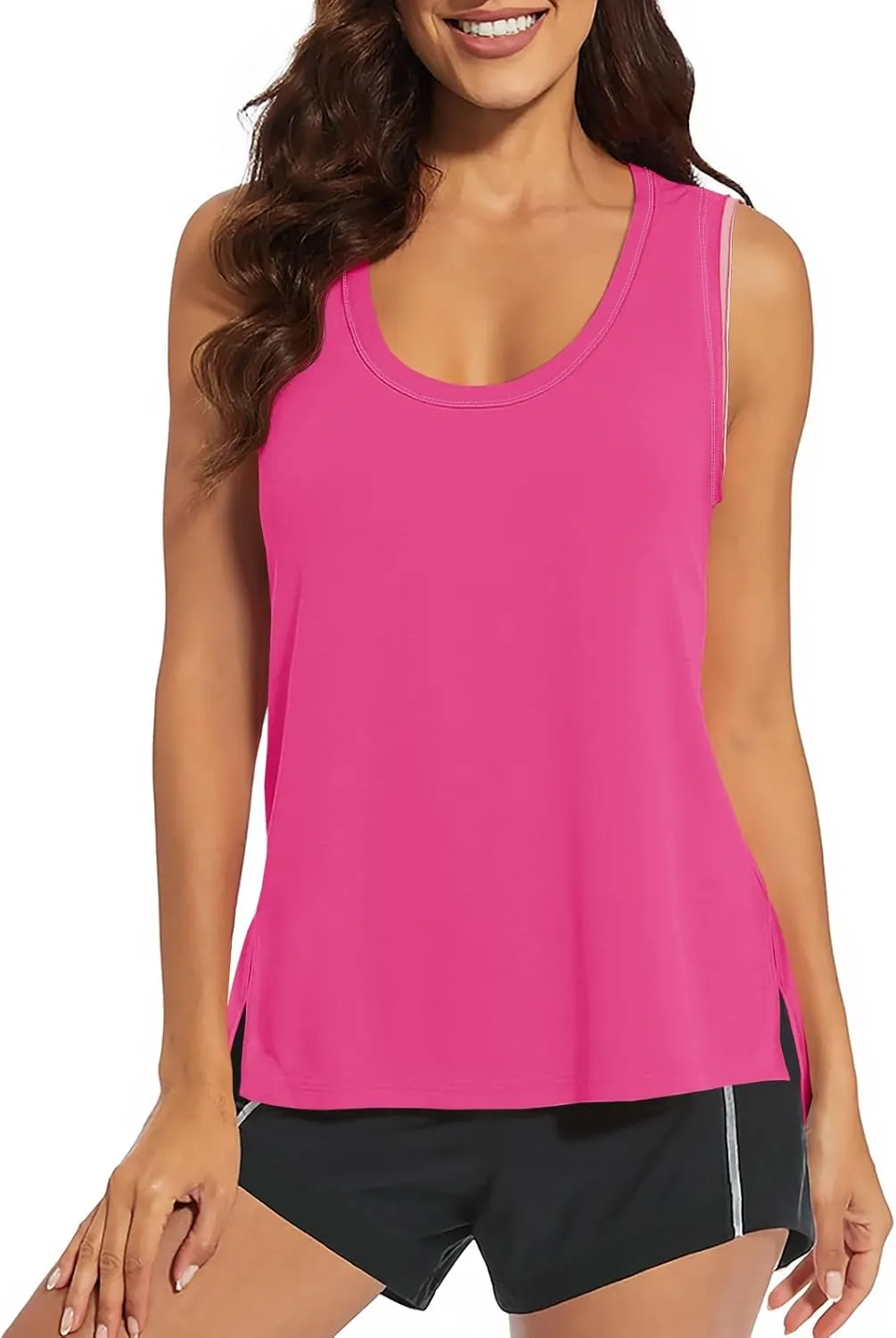 Fisoew Women's Workout Tank Tops Loose Fit Summer Sleeveless Yoga Gym Shirts with Side Slits