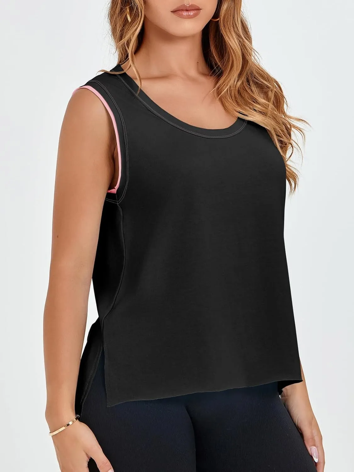 Fisoew Women's Workout Tank Tops Loose Fit Summer Sleeveless Yoga Gym Shirts with Side Slits