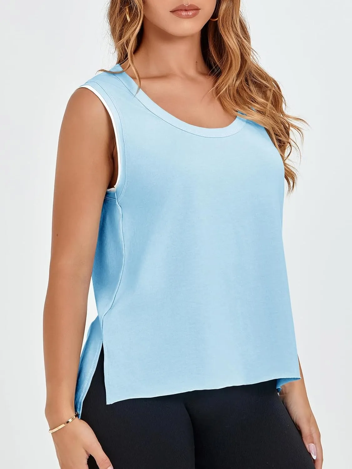 Fisoew Women's Workout Tank Tops Loose Fit Summer Sleeveless Yoga Gym Shirts with Side Slits