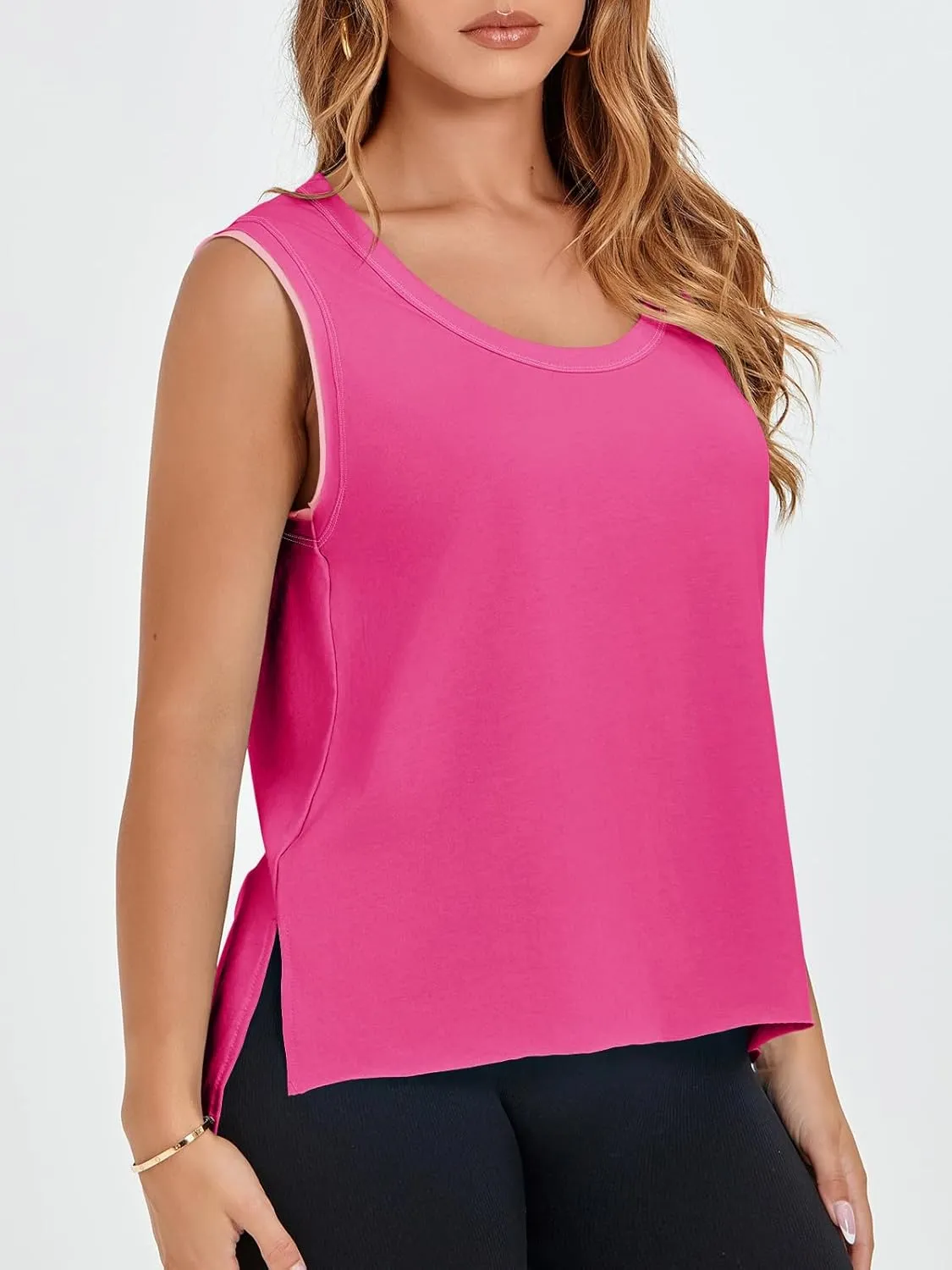 Fisoew Women's Workout Tank Tops Loose Fit Summer Sleeveless Yoga Gym Shirts with Side Slits