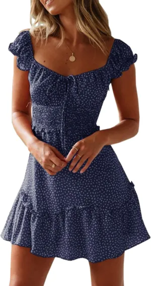 FLITAY Ladies Summer Sexy Sweet Sun Dress Ruffled Boho V-Neck Beach Dress Tie Front Casual Flowy Mini Dress