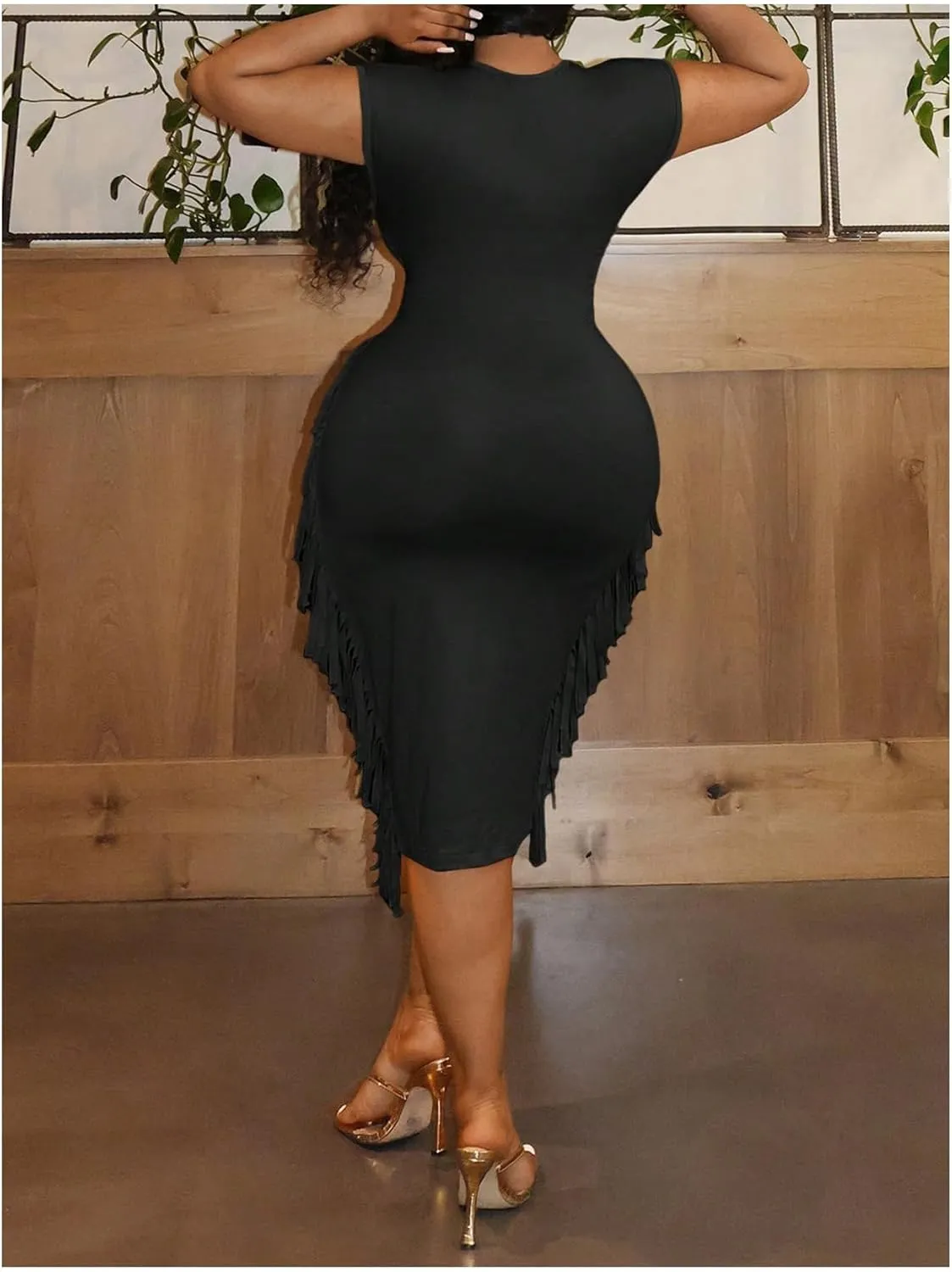Floerns Women's Plus Size Deep V Neck Bodycon Dress Dolman Sleeve Fringe Trim Midi Dresses