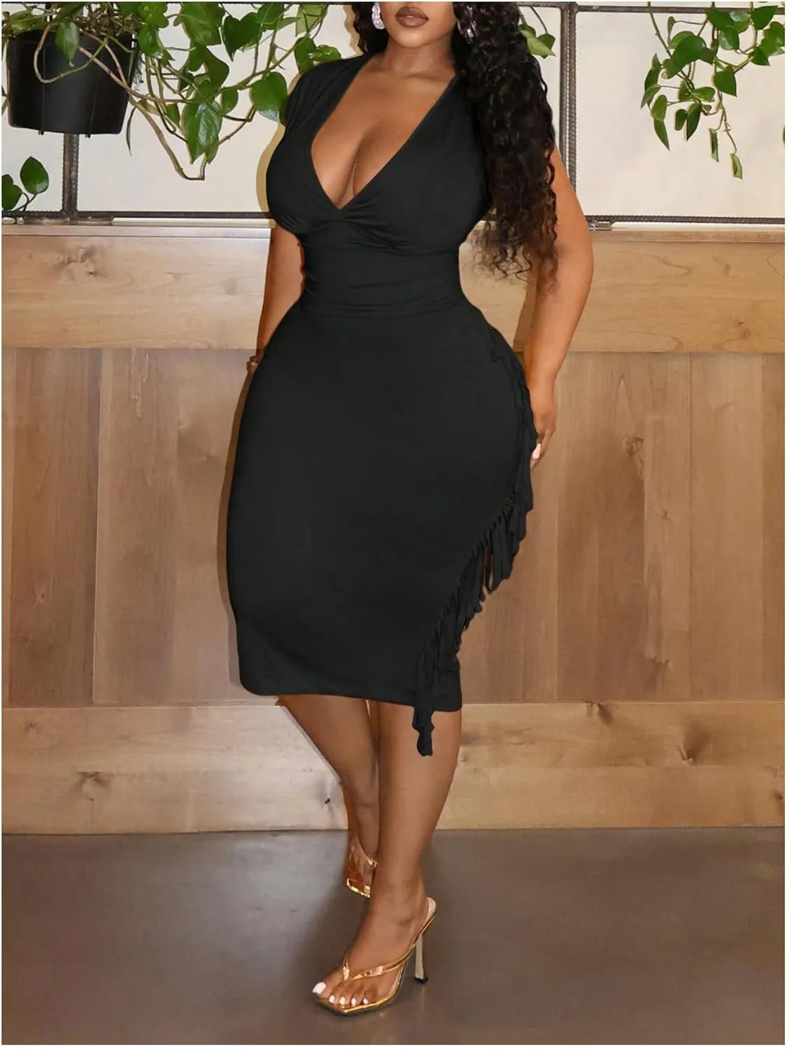 Floerns Women's Plus Size Deep V Neck Bodycon Dress Dolman Sleeve Fringe Trim Midi Dresses