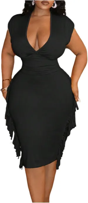 Floerns Women's Plus Size Deep V Neck Bodycon Dress Dolman Sleeve Fringe Trim Midi Dresses