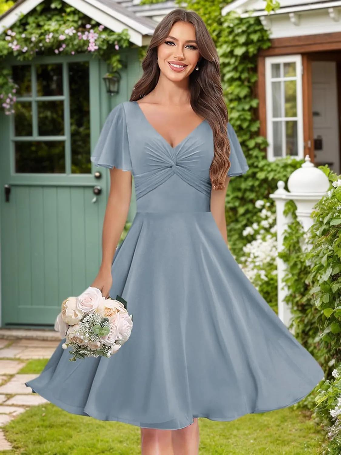 Flutter Sleeve Bridesmaid Dresses for Women Ruched V Neck Aline Chiffon Short Formal Dress