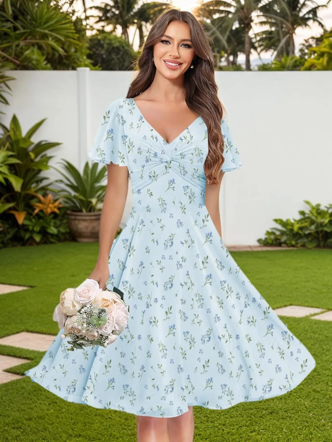 Flutter Sleeve Bridesmaid Dresses for Women Ruched V Neck Aline Chiffon Short Formal Dress