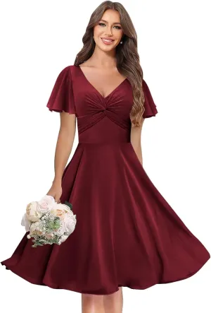 Flutter Sleeve Bridesmaid Dresses for Women Ruched V Neck Aline Chiffon Short Formal Dress