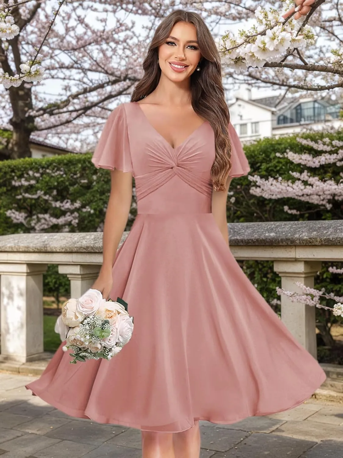 Flutter Sleeve Bridesmaid Dresses for Women Ruched V Neck Aline Chiffon Short Formal Dress