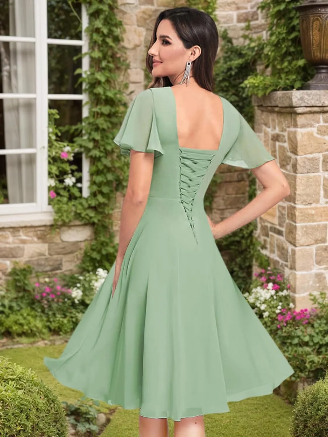 Flutter Sleeve Bridesmaid Dresses for Women Ruched V Neck Aline Chiffon Short Formal Dress