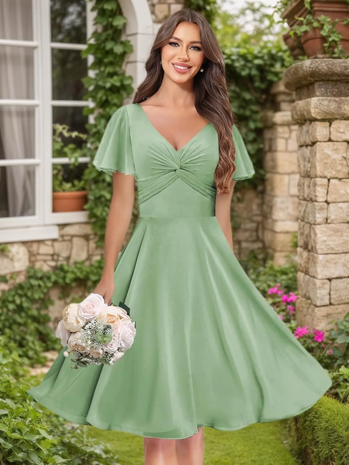 Flutter Sleeve Bridesmaid Dresses for Women Ruched V Neck Aline Chiffon Short Formal Dress