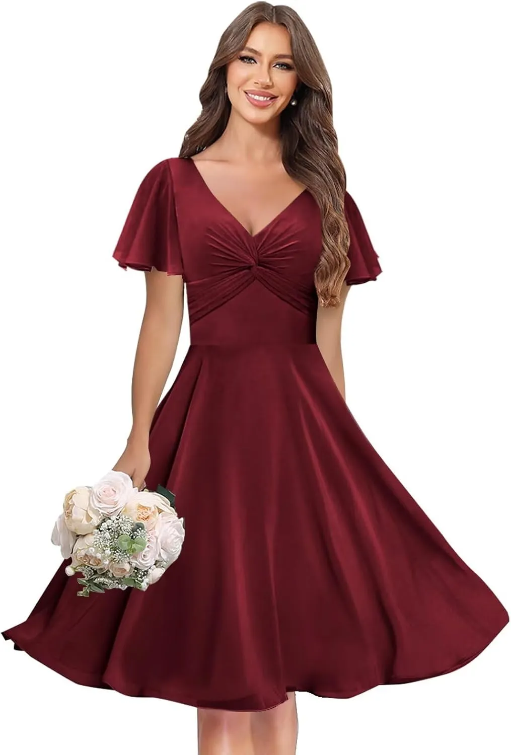 Flutter Sleeve Bridesmaid Dresses for Women Ruched V Neck Aline Chiffon Short Formal Dress