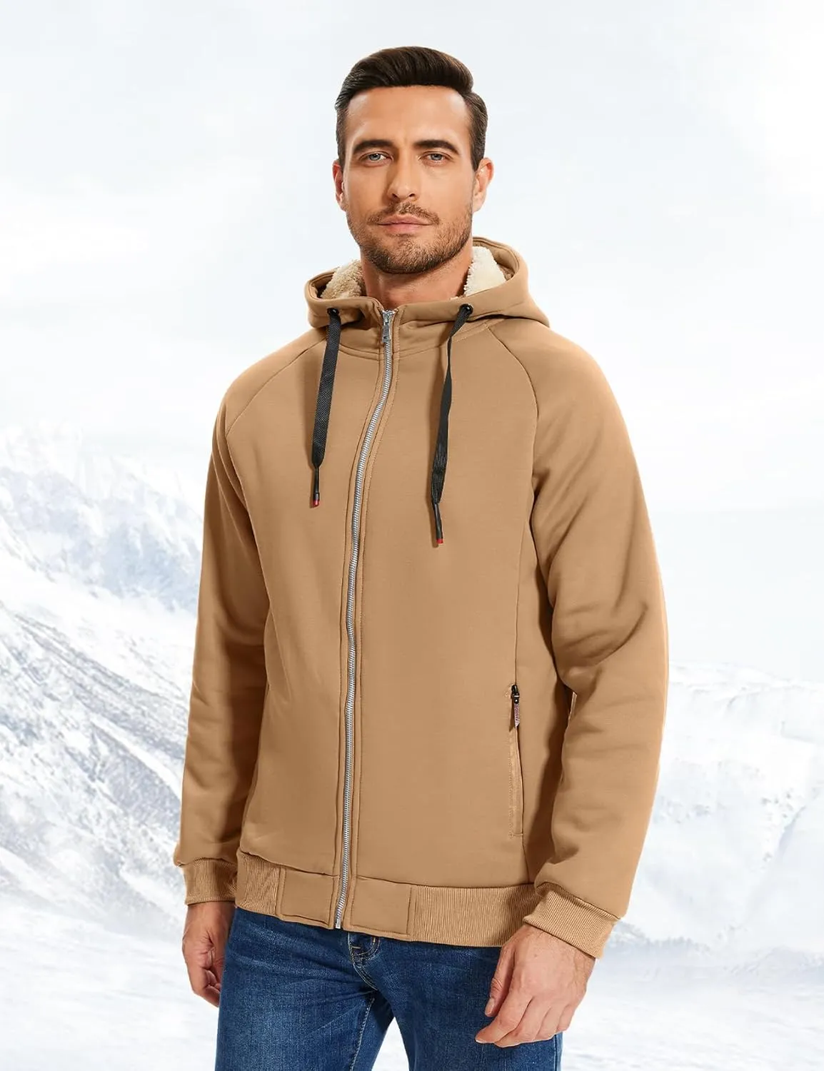 Flygo Fleece Hoodie for Men Warm Full Zip Sherpa Lined Sweatshirt Winter Jacket