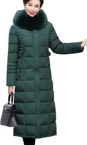 Flygo Women's Winter Warm Fur Hooded Down Coat Maxi Long Outwear