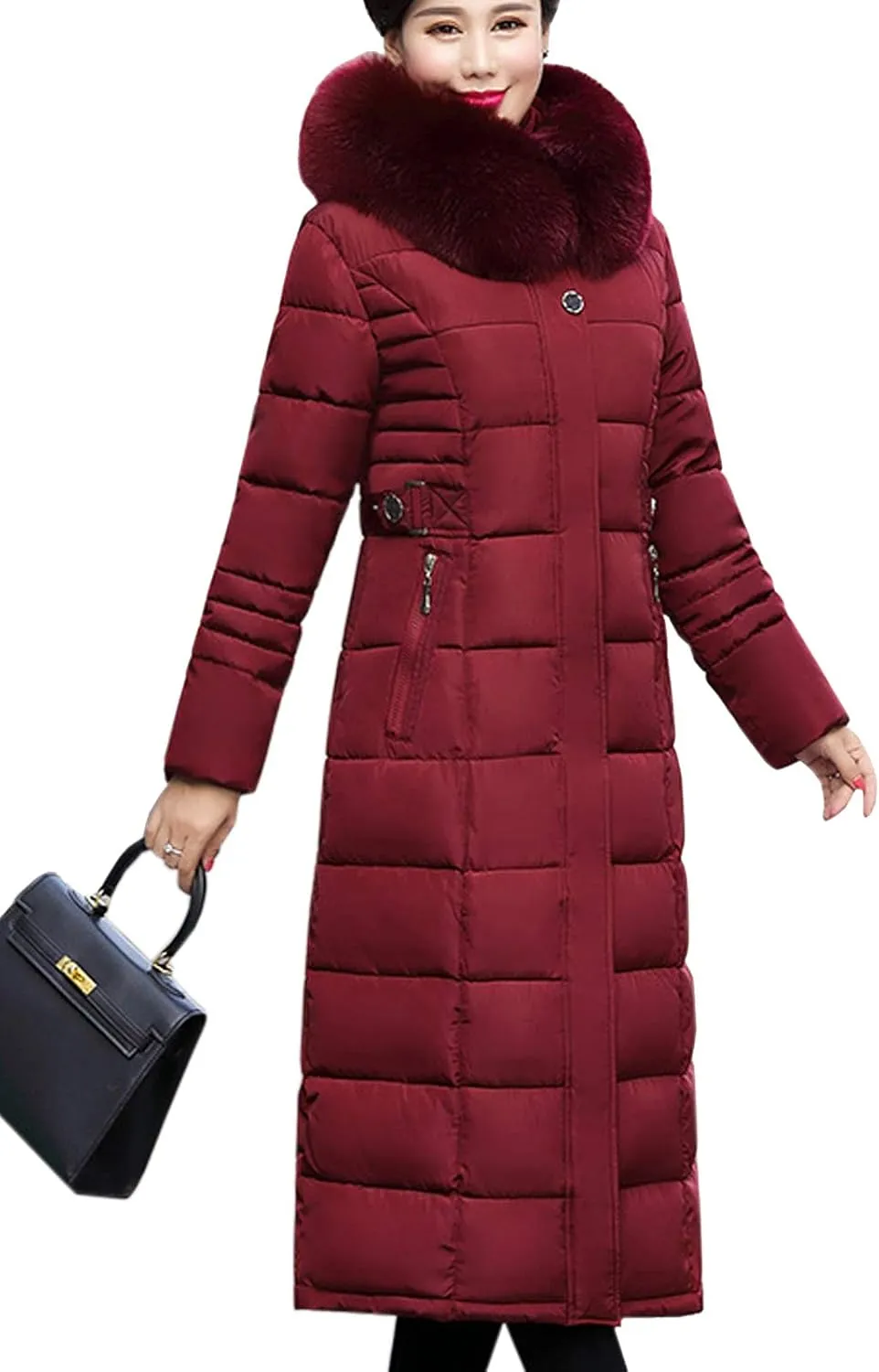 Flygo Women's Winter Warm Fur Hooded Down Coat Maxi Long Outwear