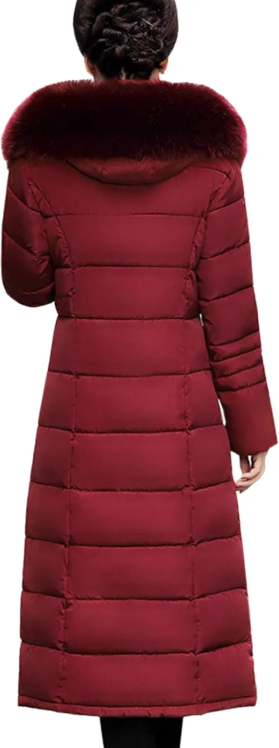 Flygo Women's Winter Warm Fur Hooded Down Coat Maxi Long Outwear