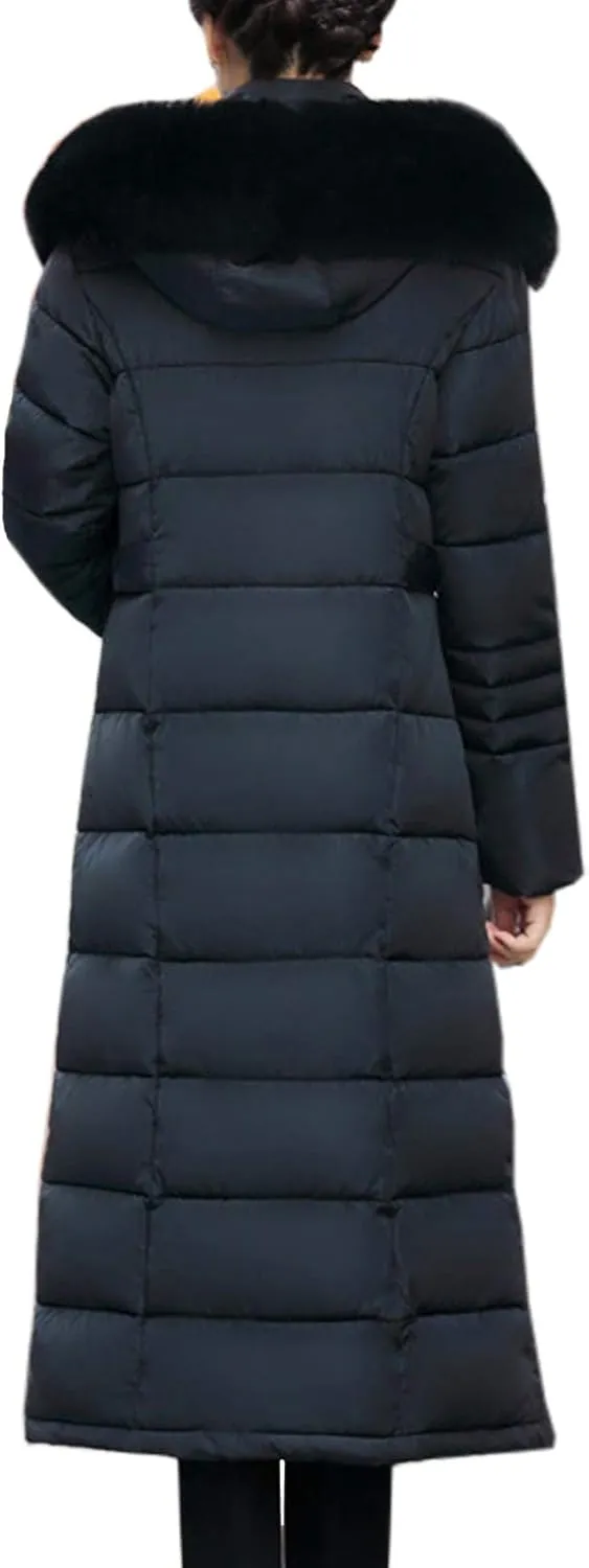 Flygo Women's Winter Warm Fur Hooded Down Coat Maxi Long Outwear