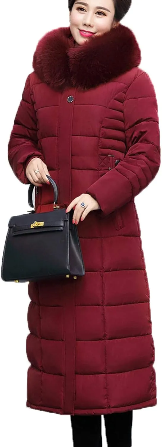 Flygo Women's Winter Warm Fur Hooded Down Coat Maxi Long Outwear