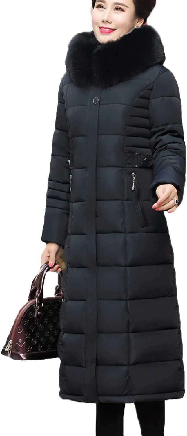 Flygo Women's Winter Warm Fur Hooded Down Coat Maxi Long Outwear