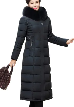 Flygo Women's Winter Warm Fur Hooded Down Coat Maxi Long Outwear