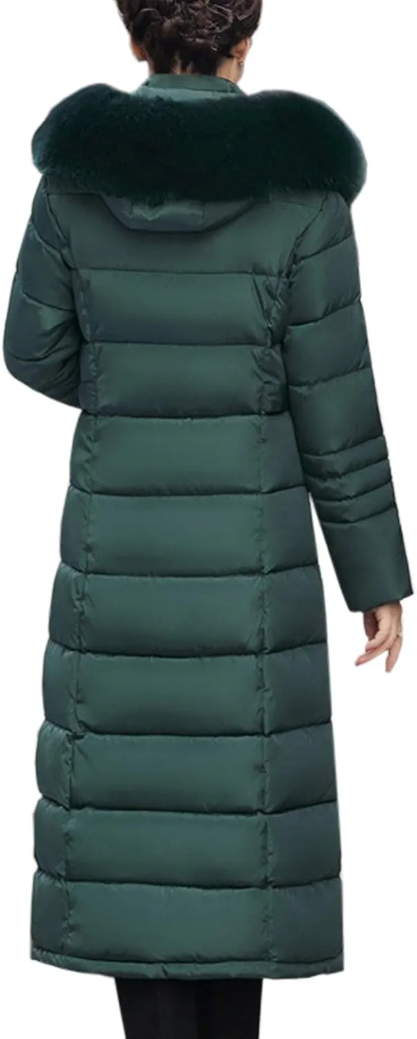 Flygo Women's Winter Warm Fur Hooded Down Coat Maxi Long Outwear