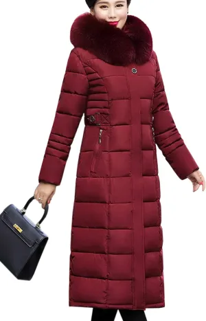 Flygo Women's Winter Warm Fur Hooded Down Coat Maxi Long Outwear