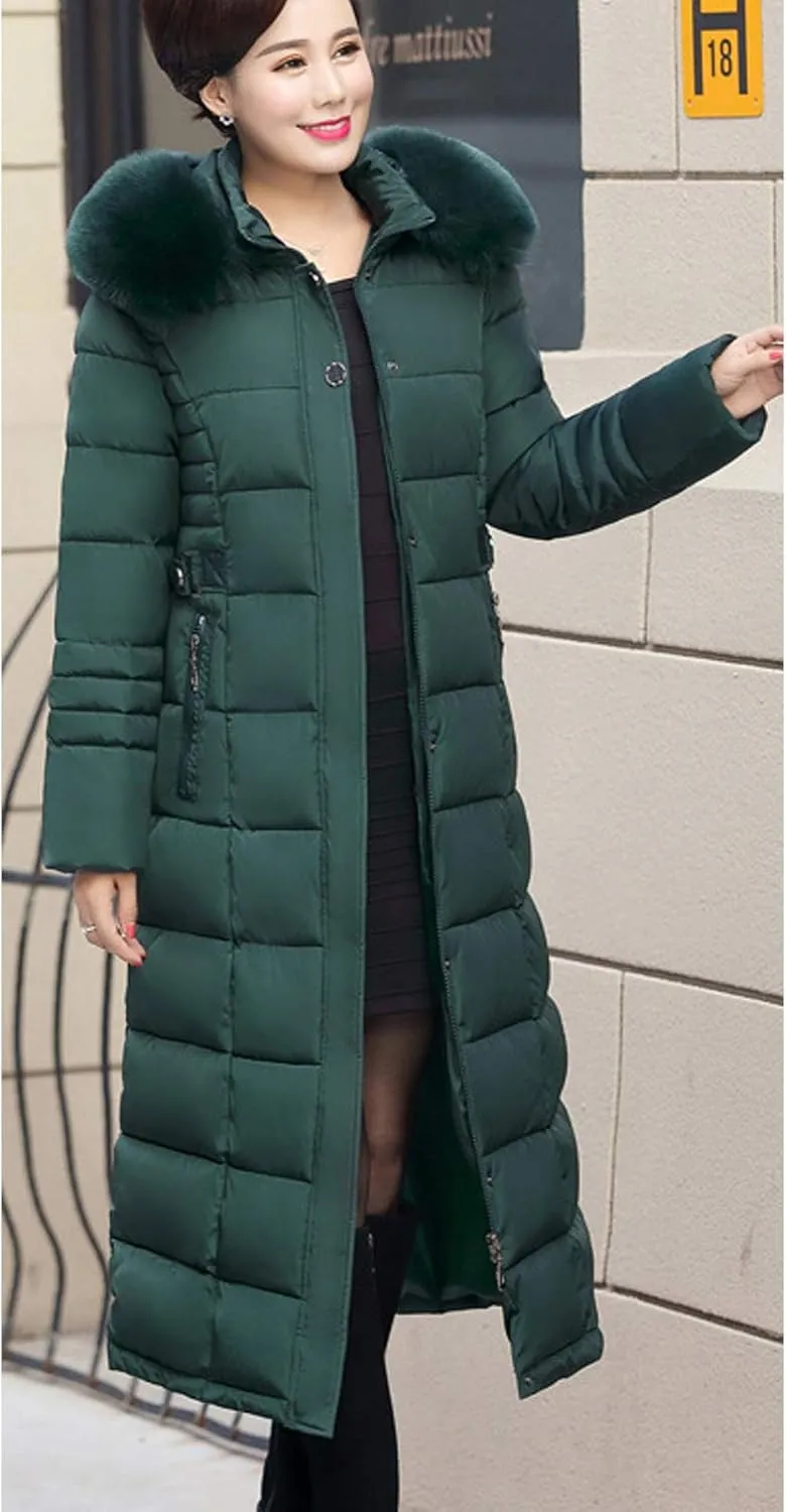 Flygo Women's Winter Warm Fur Hooded Down Coat Maxi Long Outwear