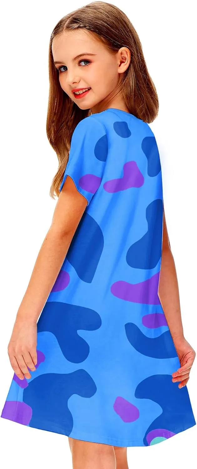 Girl 4th of July Dresses Short Sleeve Summer Hawaiian Tshirt Dress 5-14 Years
