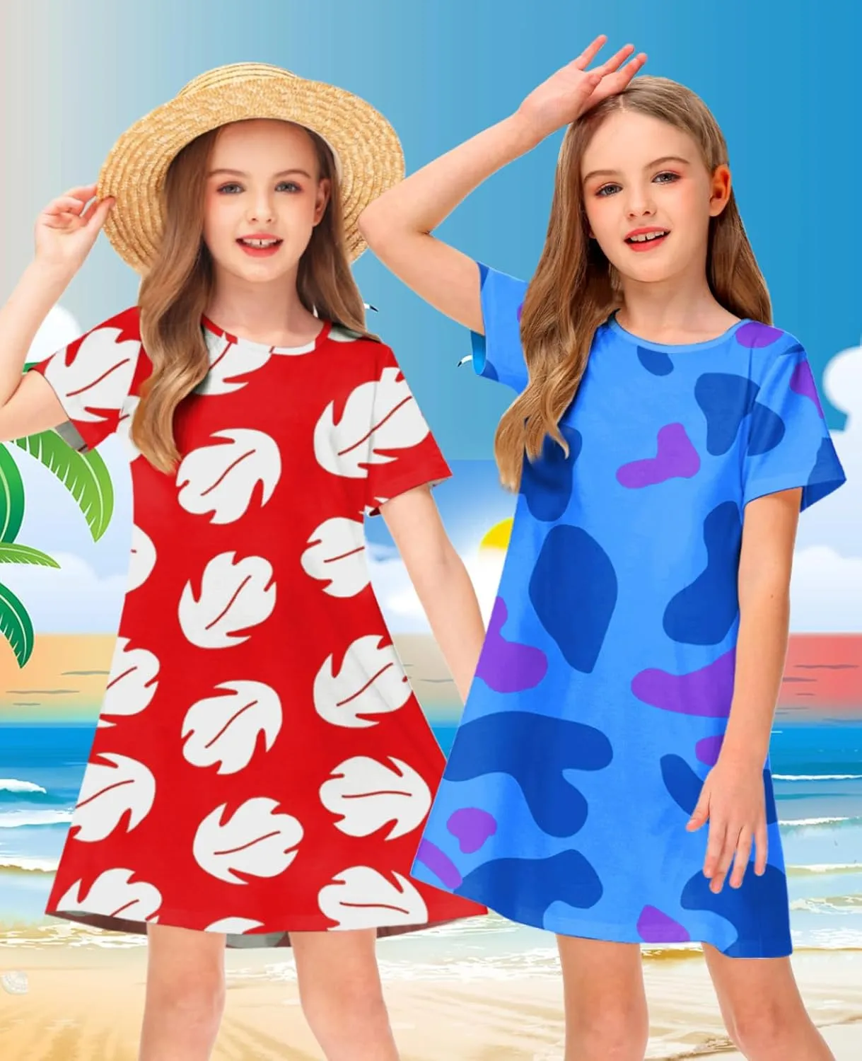 Girl 4th of July Dresses Short Sleeve Summer Hawaiian Tshirt Dress 5-14 Years