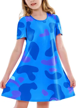Girl 4th of July Dresses Short Sleeve Summer Hawaiian Tshirt Dress 5-14 Years