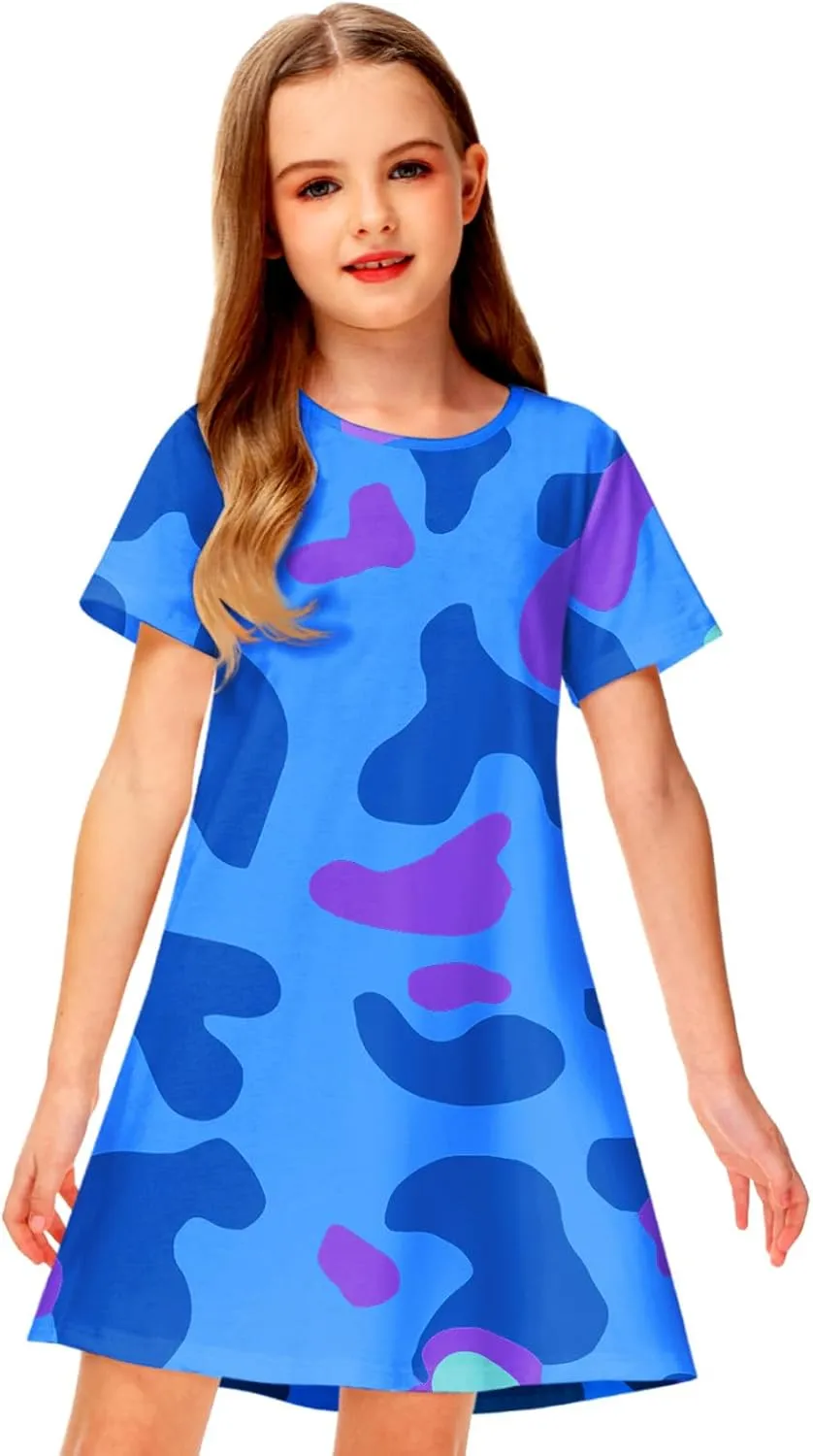 Girl 4th of July Dresses Short Sleeve Summer Hawaiian Tshirt Dress 5-14 Years