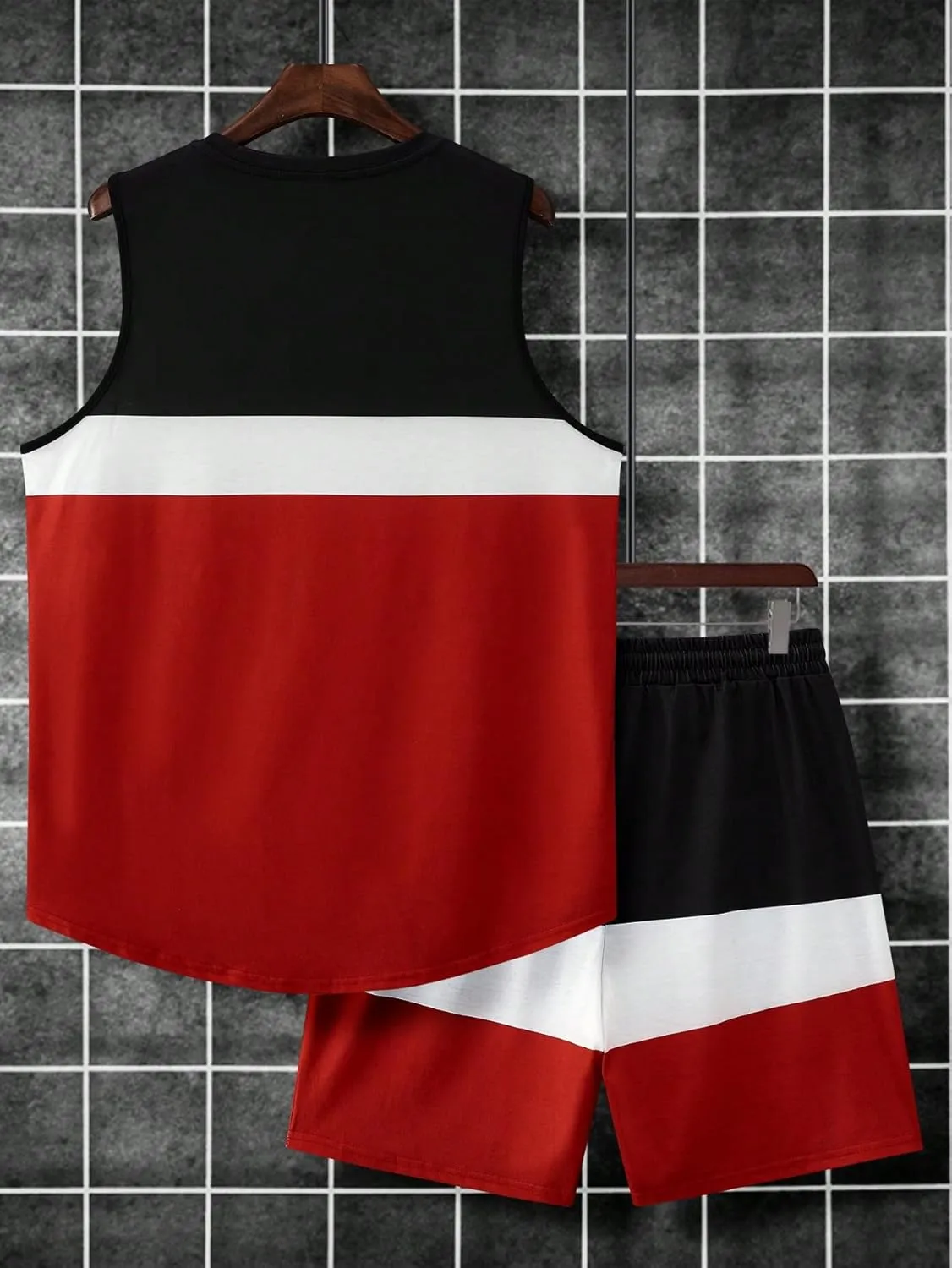 GORGLITTER Men's 2 Piece Tracksuit Color Block Graphic Print Sleeveless Top and Shorts Sets with Pockets