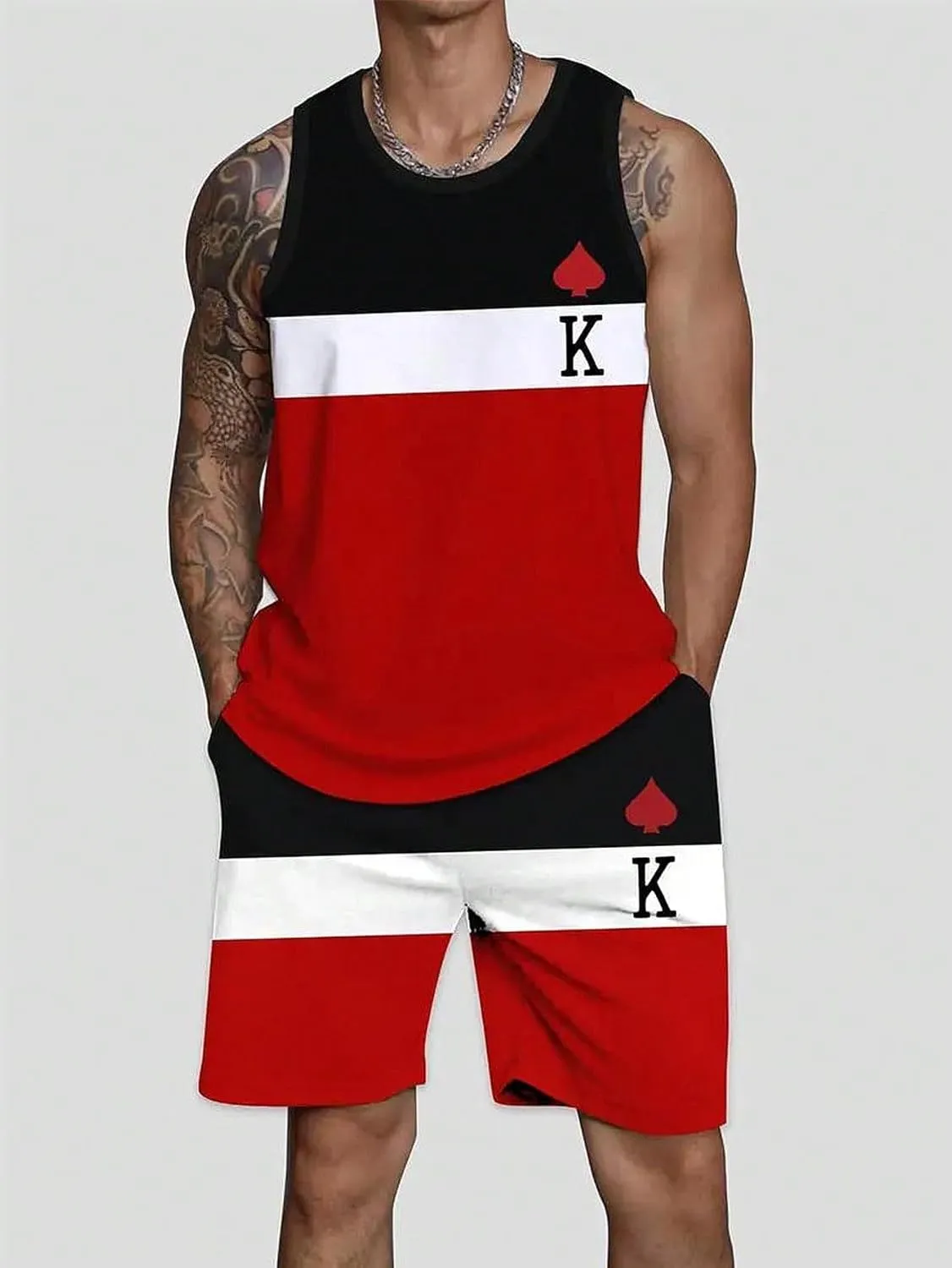 GORGLITTER Men's 2 Piece Tracksuit Color Block Graphic Print Sleeveless Top and Shorts Sets with Pockets