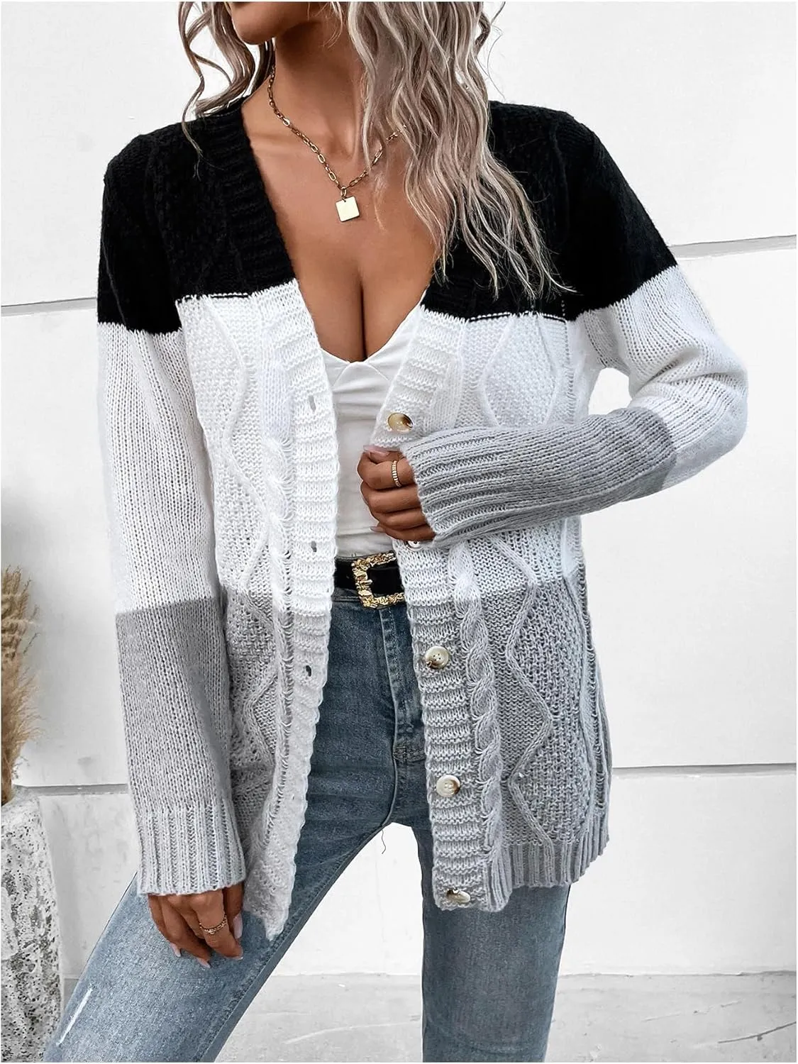 GORGLITTER Women's Knit Colorful Cardigan Sweater Long Sleeve Color Block Button Front Long Cardigans