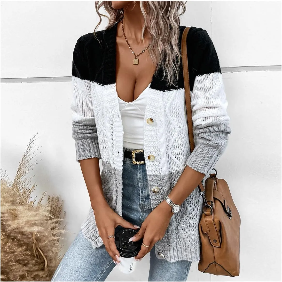 GORGLITTER Women's Knit Colorful Cardigan Sweater Long Sleeve Color Block Button Front Long Cardigans