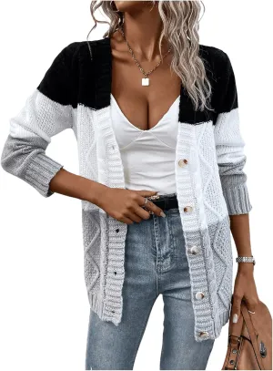 GORGLITTER Women's Knit Colorful Cardigan Sweater Long Sleeve Color Block Button Front Long Cardigans