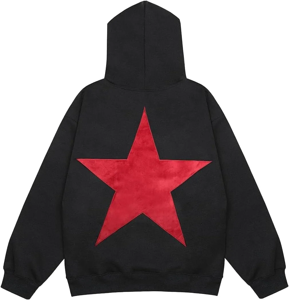 Graphic Hoodies Women Y2k Oversized Sweatshirt Long Sleeve Pullover Sweater Cute Hooded Preppy Top Aesthetic Shirts (Black Red Star, M)
