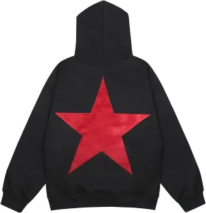 Graphic Hoodies Women Y2k Oversized Sweatshirt Long Sleeve Pullover Sweater Cute Hooded Preppy Top Aesthetic Shirts (Black Red Star, M)