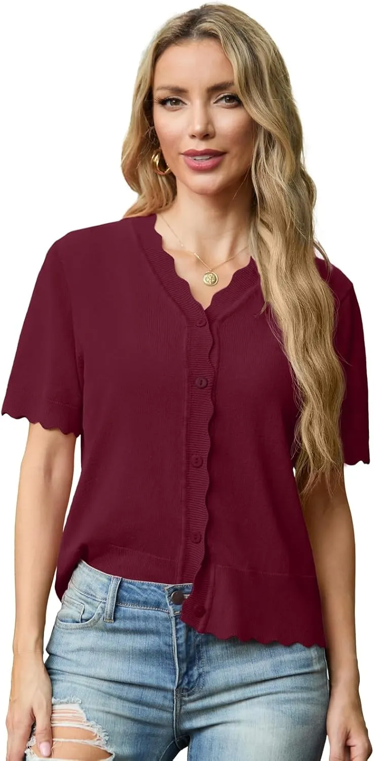 GRECERELLE Womens Summer Lightweight Short Sleeve Cropped Cardigan V-Neck Knit Sweater Shrug for Dressy