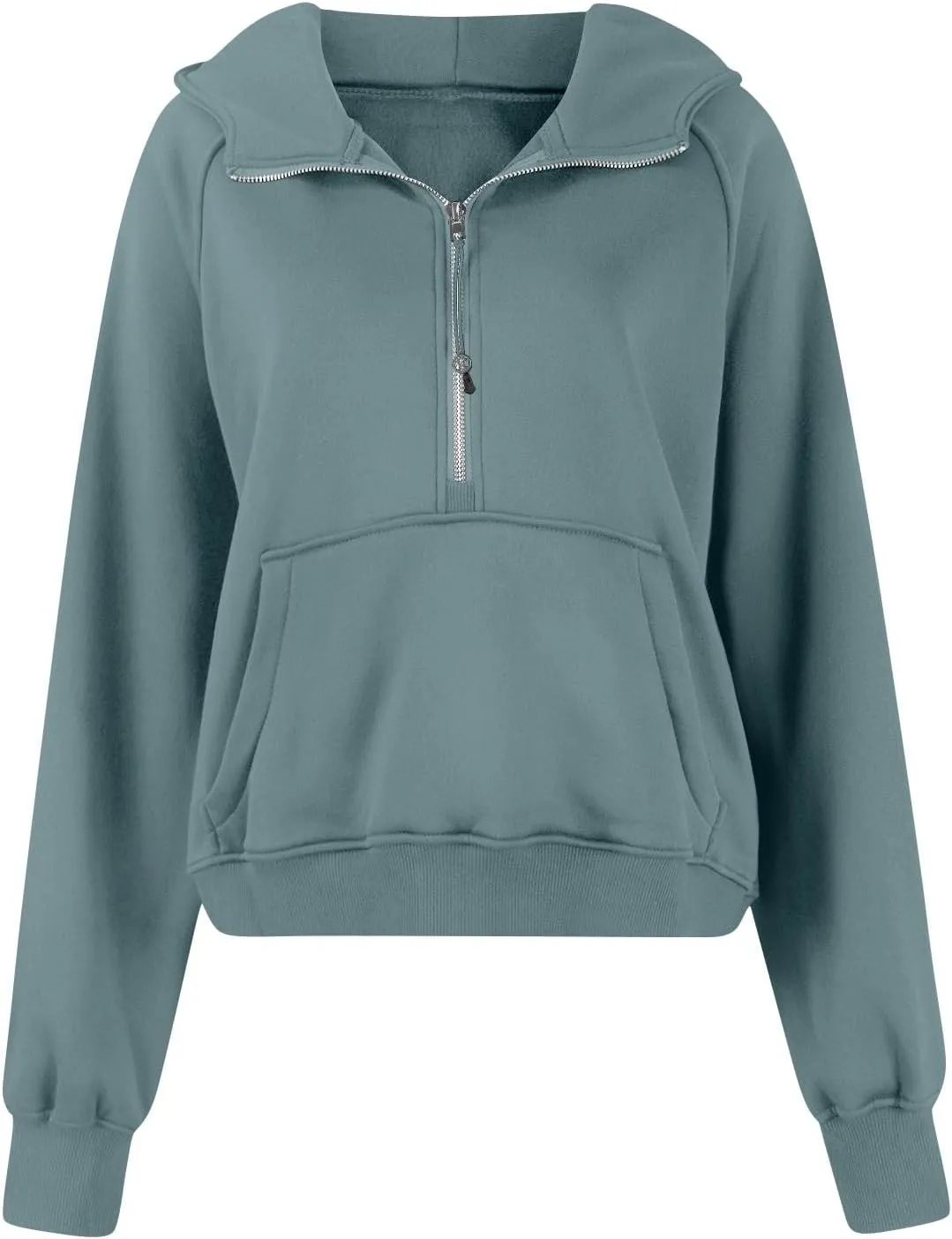 Half Zip Pullover Women Fleece Thumb Hole Cropped Hoodie Y2k Raglan Quarter Zipped Hooded Sweatshirt with Pockets