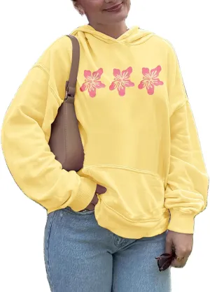 Hawaii Beach Graphic Hoodies for Women Teen Girls Flower Embroidery Oversized Hooded Sweatshirts Vintage Y2k Hoodie